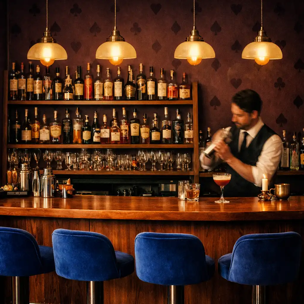 Stylish bar area with walnut counter, liquor bottles, and cobalt bar stools