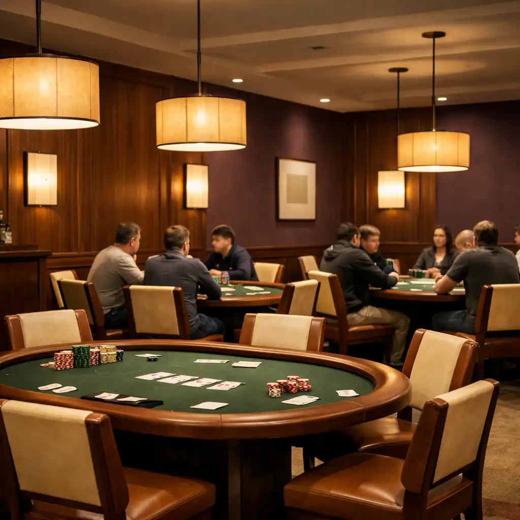 Interior shot of a sophisticated card room with multiple poker tables, walnut paneling, and warm pendant lights