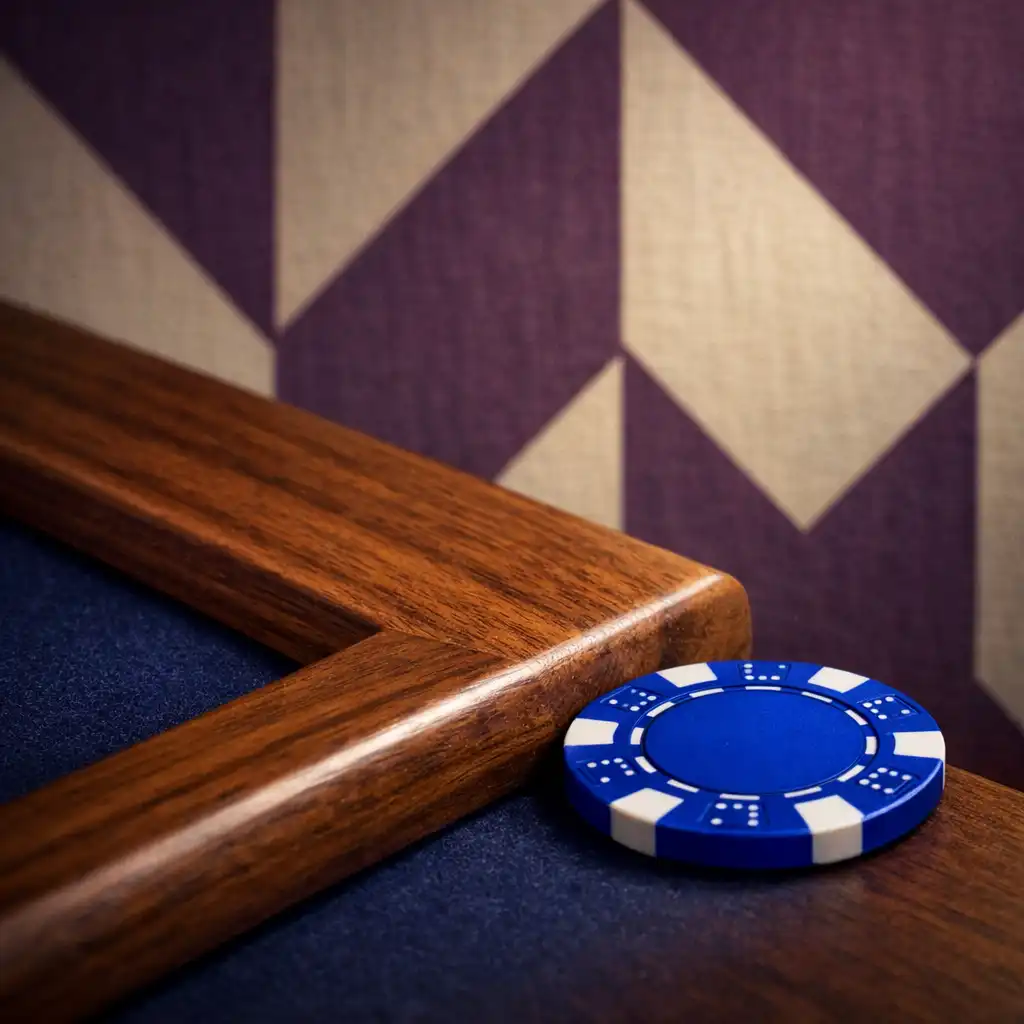 Close-up of walnut table edge, cobalt poker chip, and geometric aubergine and parchment wall pattern