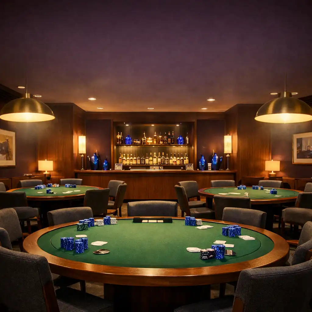 Wide-angle view of the Royal Poker Room card room with aubergine walls, walnut paneling, multiple poker tables, and warm parchment lighting