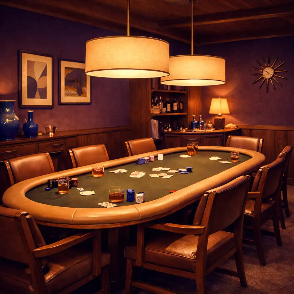 Close-up of a poker table with green felt, a stack of cobalt blue chips, and playing cards face down in the Royal Poker Room card room