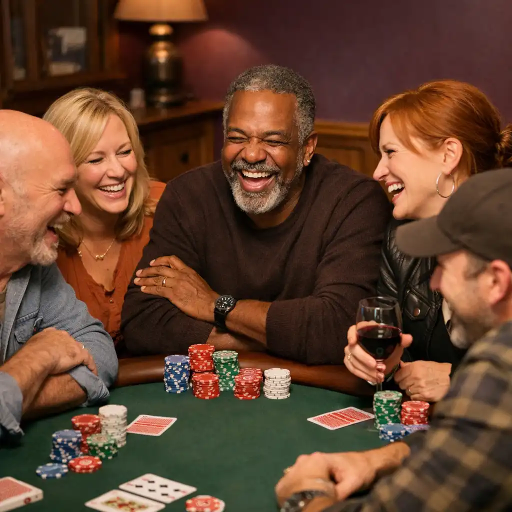 Group of adults laughing and chatting around a poker table in the warmly lit card room