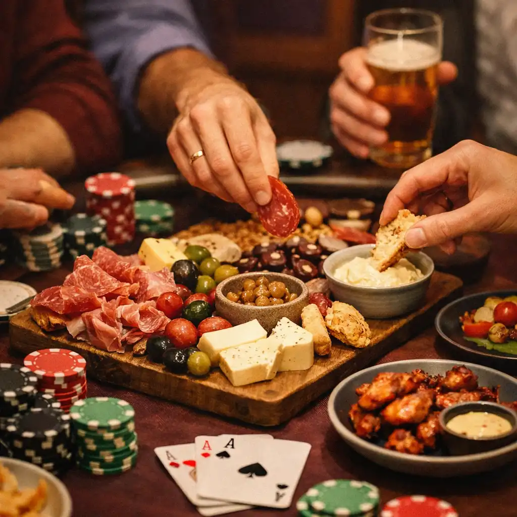 Group sharing a meal at a table with poker chips and cards nearby