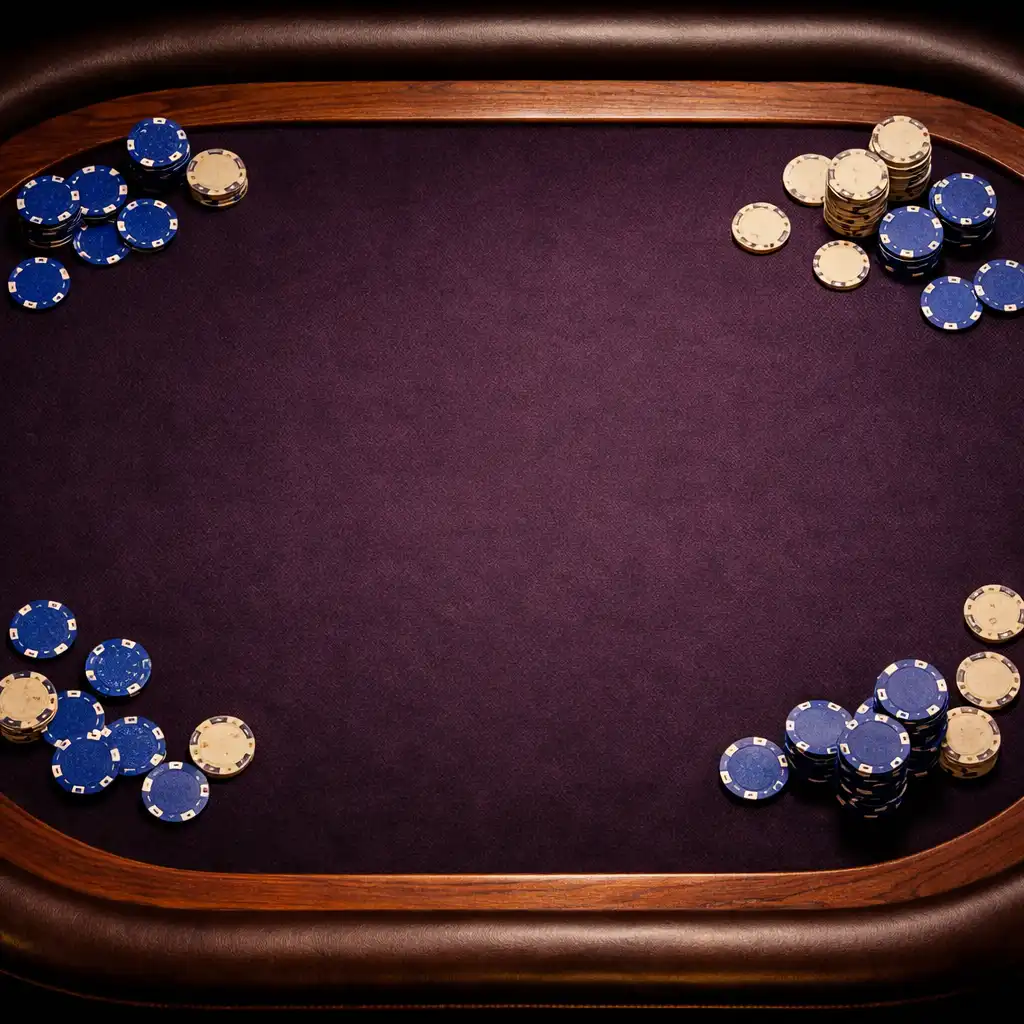 Overhead view of a luxurious poker table with aubergine felt, walnut rail, and scattered poker chips