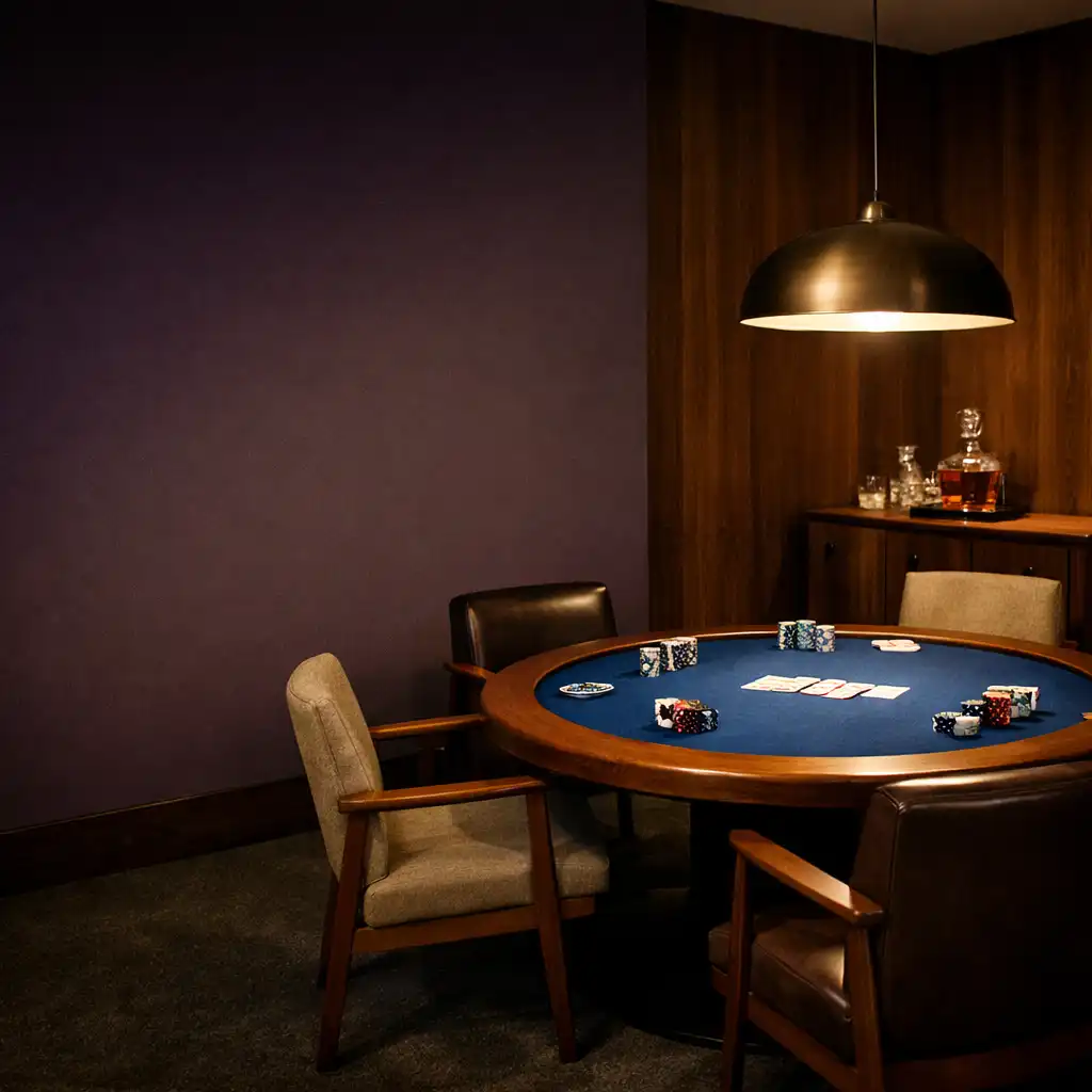 Private high roller card room with walnut panelling, cobalt felt table, and warm pendant lighting