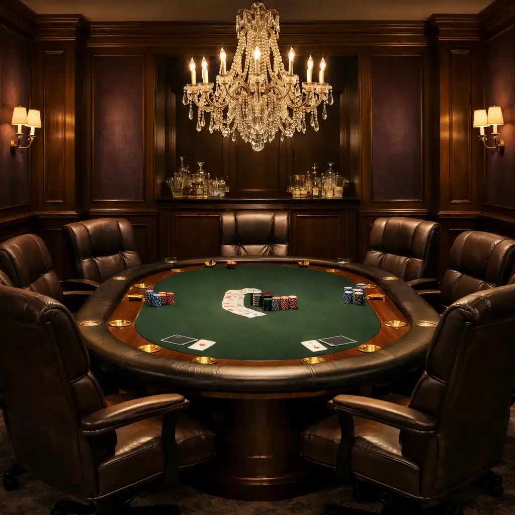 Intimate high roller poker room with a premium table, plush leather chairs, walnut paneling, and a crystal chandelier