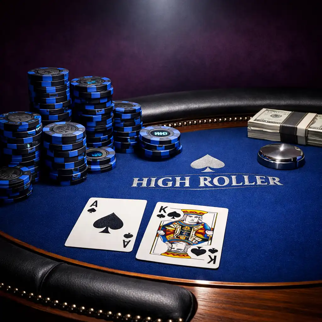 Close-up of a high roller poker table with premium finishes and dramatic spotlight