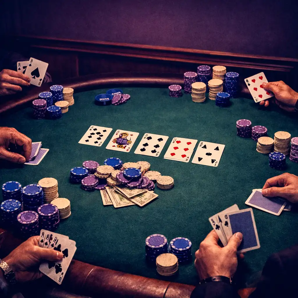 Overhead view of a live poker table with players' hands, chips, and cards in the Royal Poker Room card room