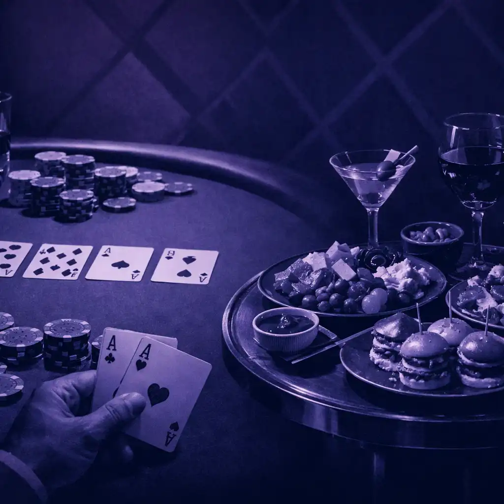 Poker table with a side table holding plates of food and drinks