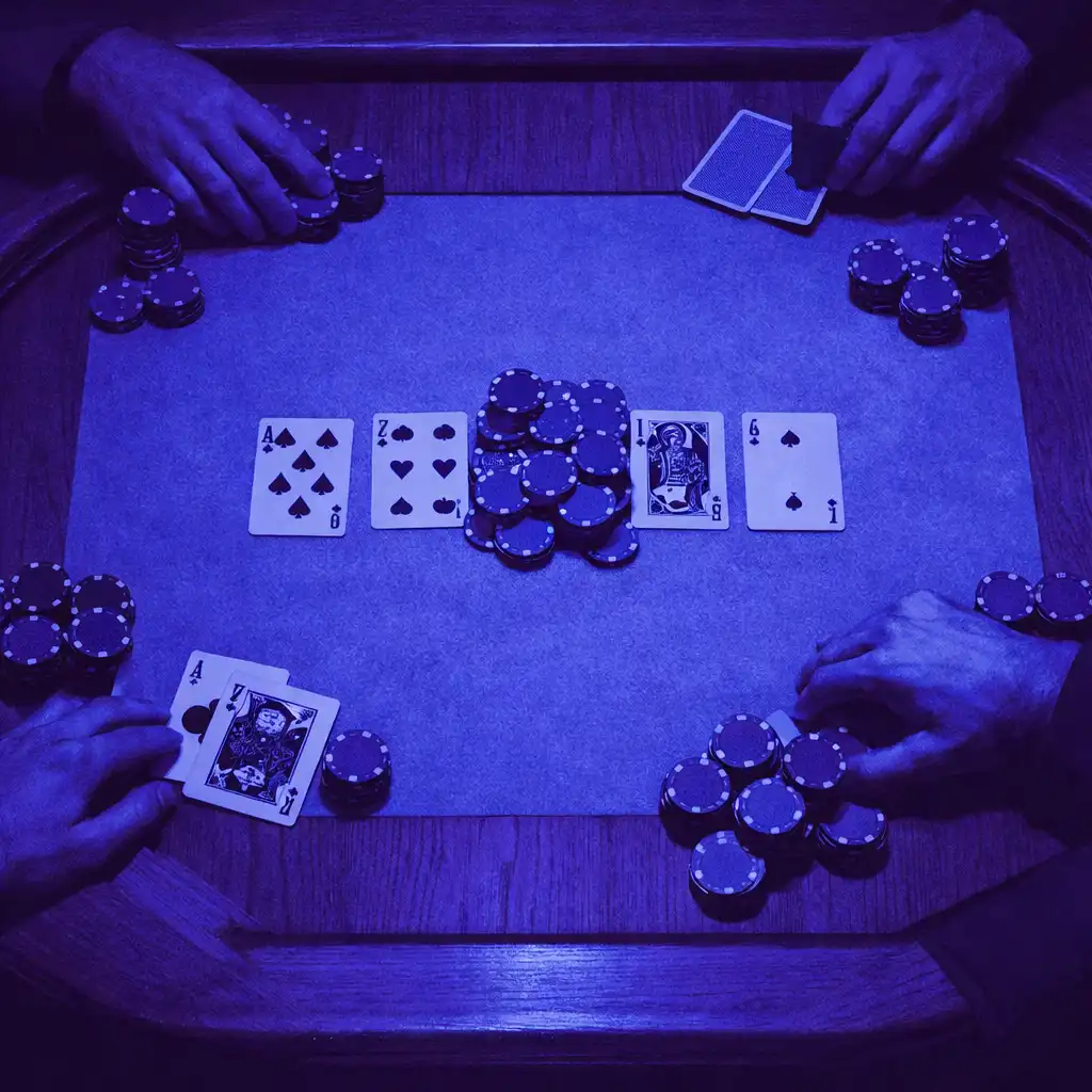 Overhead view of a poker table with chips and cards in a warmly lit card room
