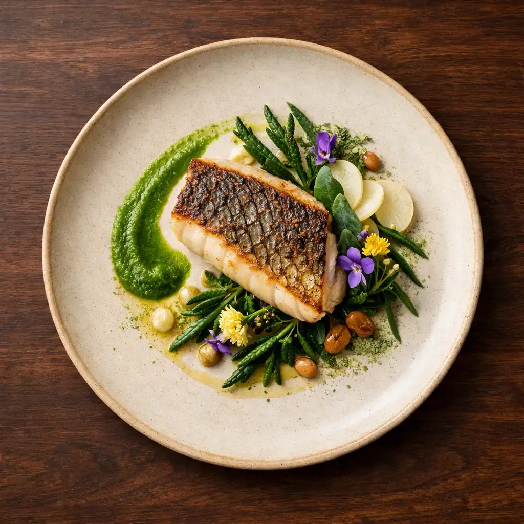 Beautifully plated modern Australian dish of seared barramundi with native herbs on a parchment-colored plate