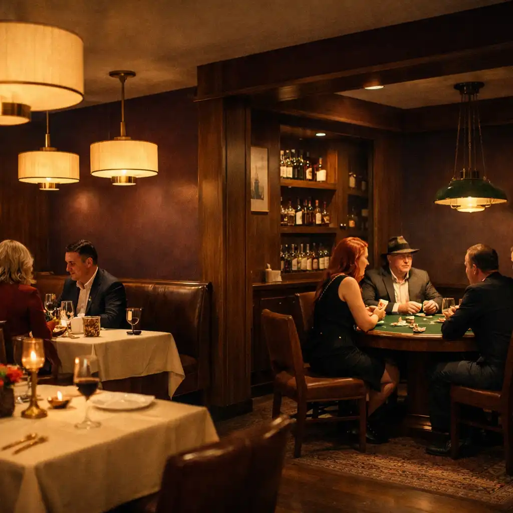 Restaurant interior with a poker table in the background, warm lighting and aubergine walls