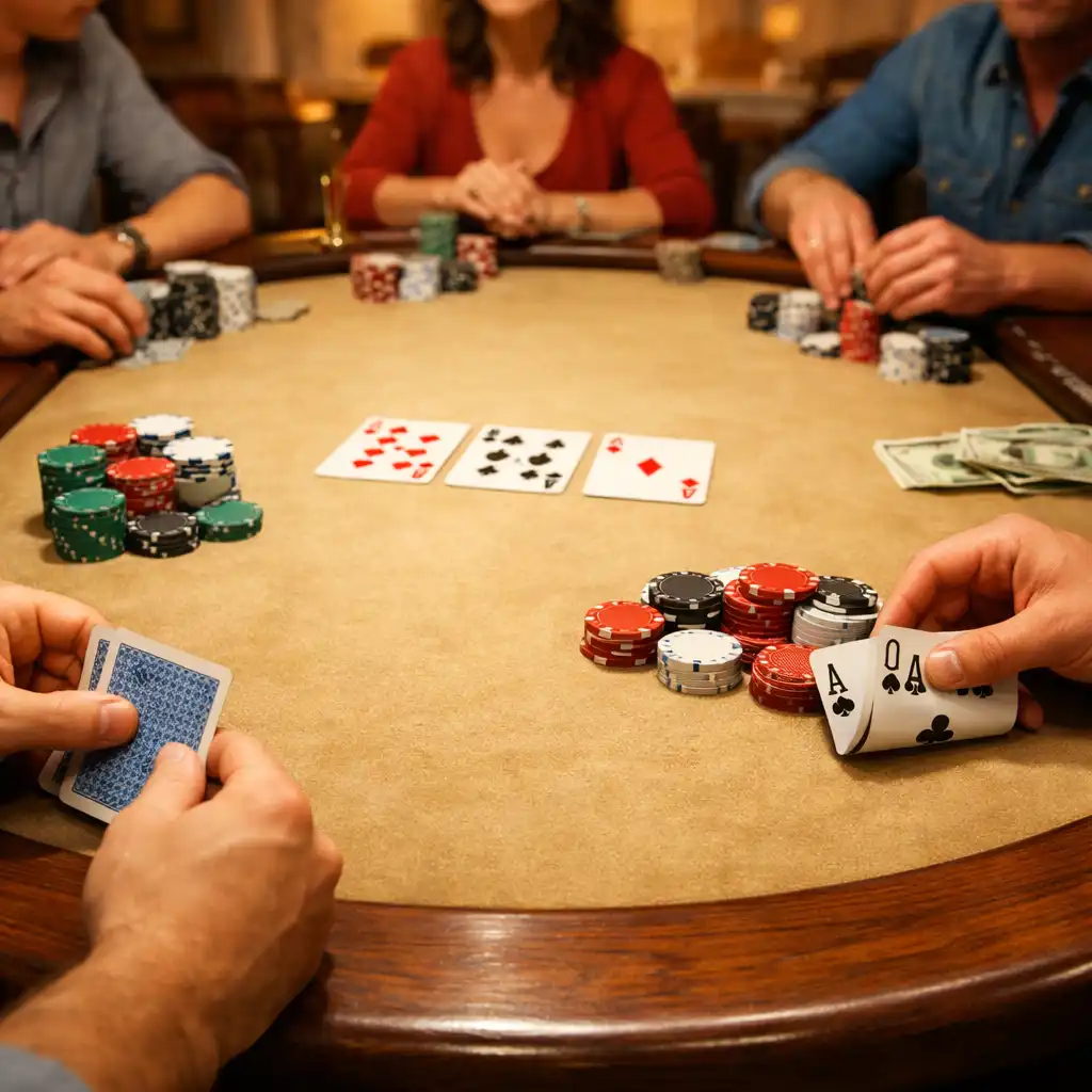 Wide-angle view of a standard poker table with players seated and engaged in a game
