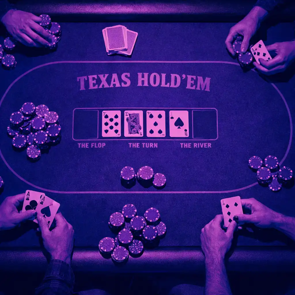 Overhead view of a professional Texas Hold'em poker table with players' hands holding cards and chips